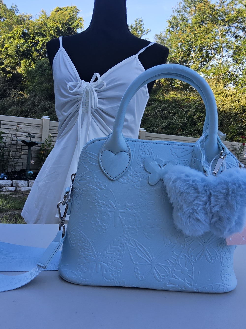 NWT- Light Blue Women's Satchel Handbag with Heart Handles and Pom-Pom Charm - Picture 3 of 5